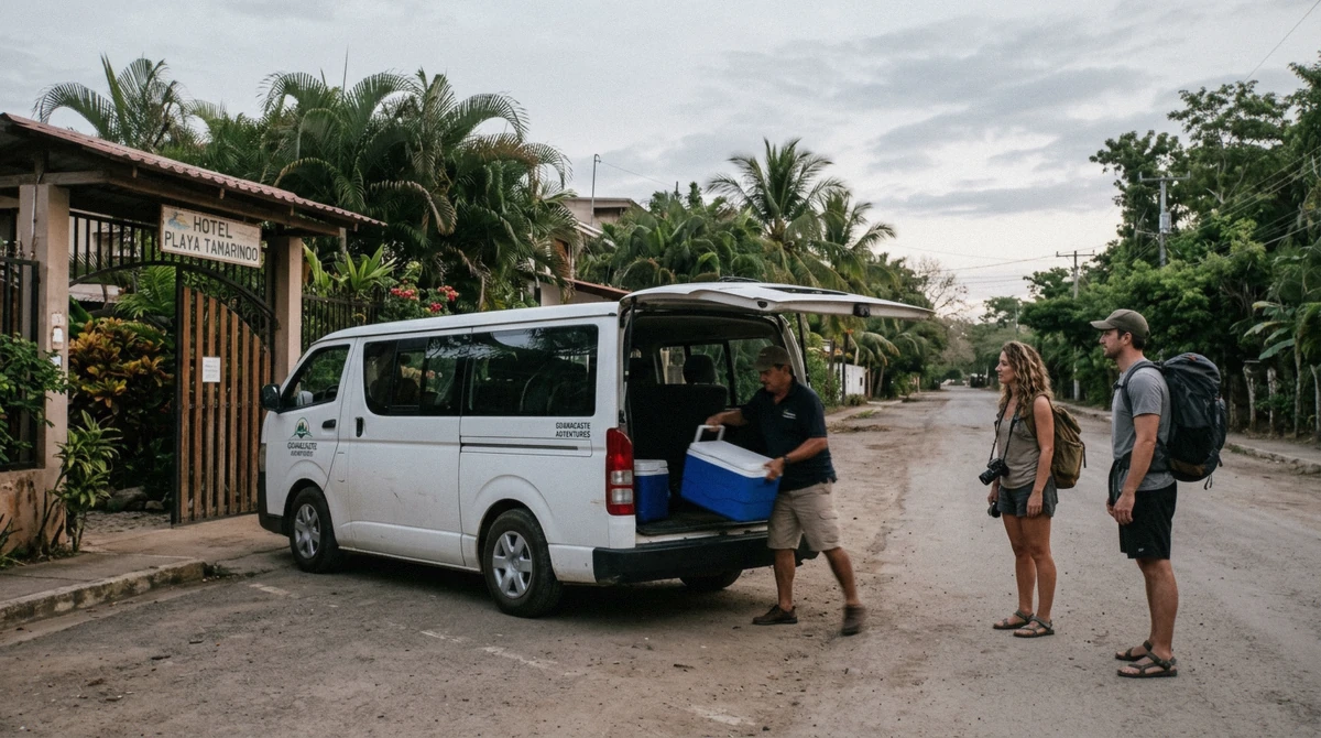A tour minivan collecting travellers at dawn in Tamarindo for a Costa Rica hot springs tour
