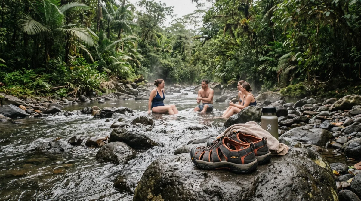 Hikers sitting in a warm natural river near La Fortuna at the end of a Costa Rica hot springs tour around Arenal