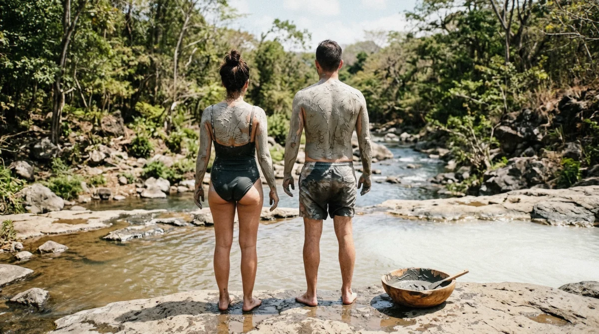 Two travellers coated in drying volcanic mud beside a warm pool on a Costa Rica hot springs tour at Rincón de la Vieja