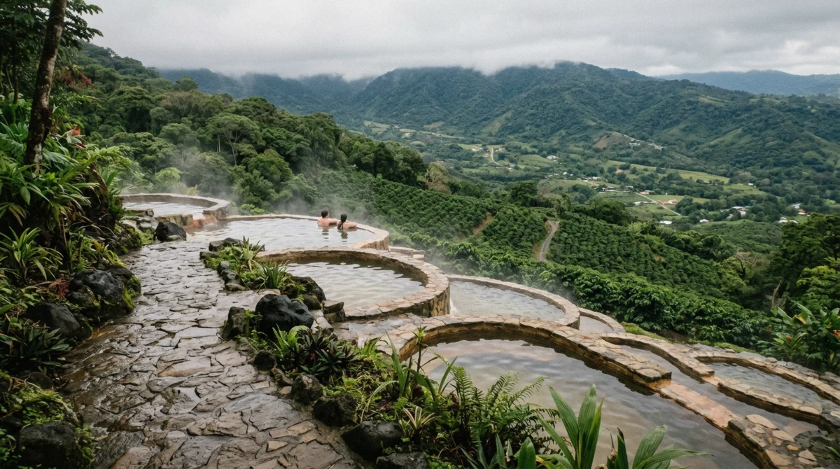 Terraced thermal pools above the Orosi Valley on a Costa Rica hot springs tour from San José