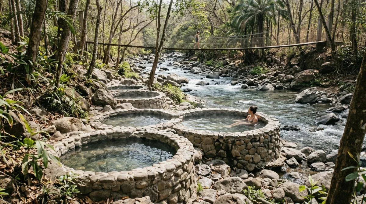 Stone hot spring pools along a clear river under a suspension bridge on a Costa Rica hot springs tour in Guanacaste
